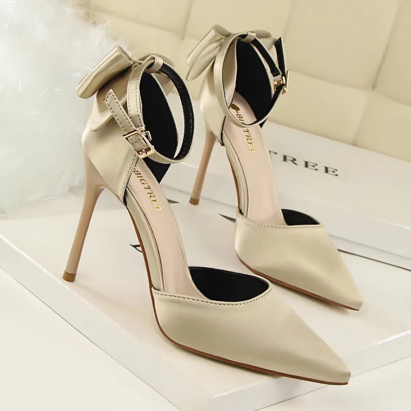 Pointed to pump ladies wear shoes evening wear school ball satin finish formal gold cream bow tie Champagne