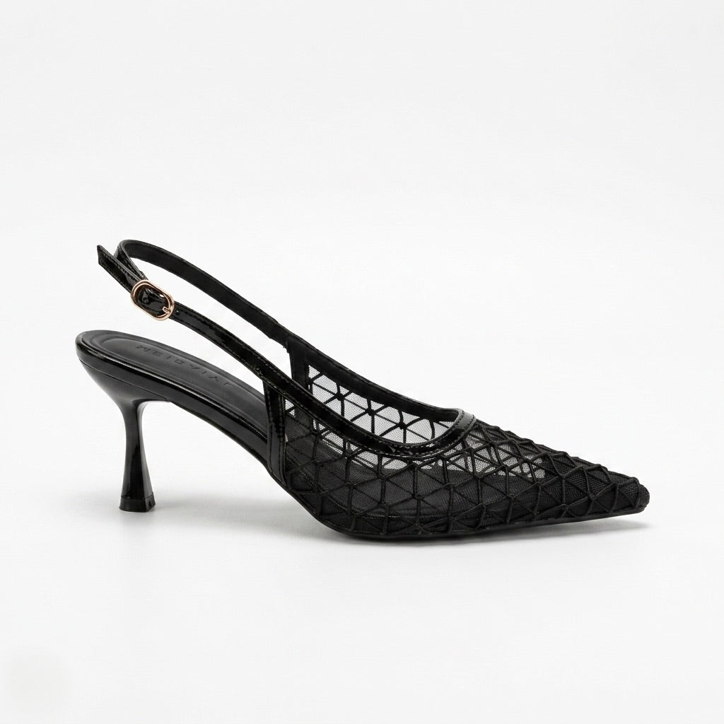 Black high-heeled shoe with slingback design on a white background