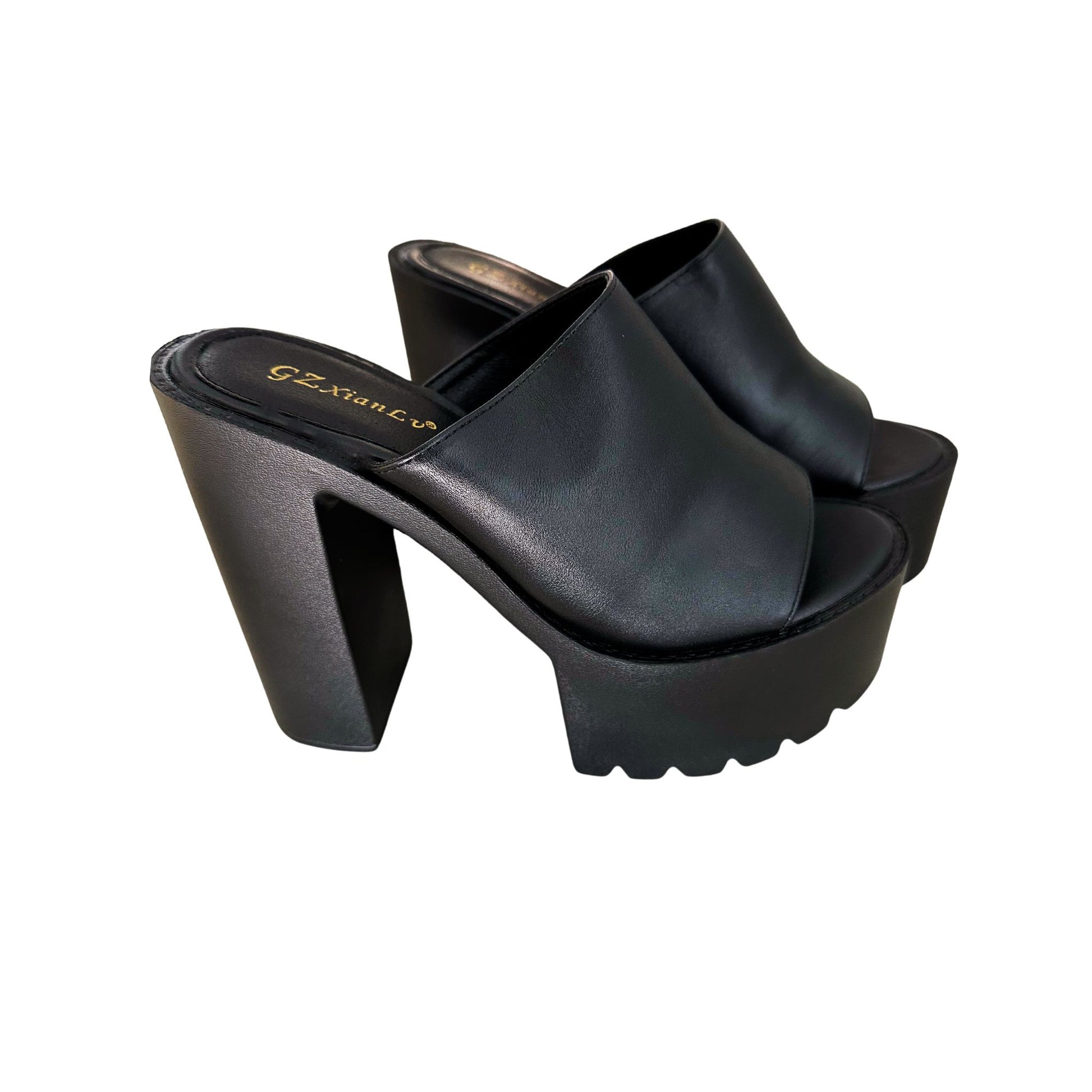 Black Platform shoe slide mule leather faux peep toe sandal heel block heel