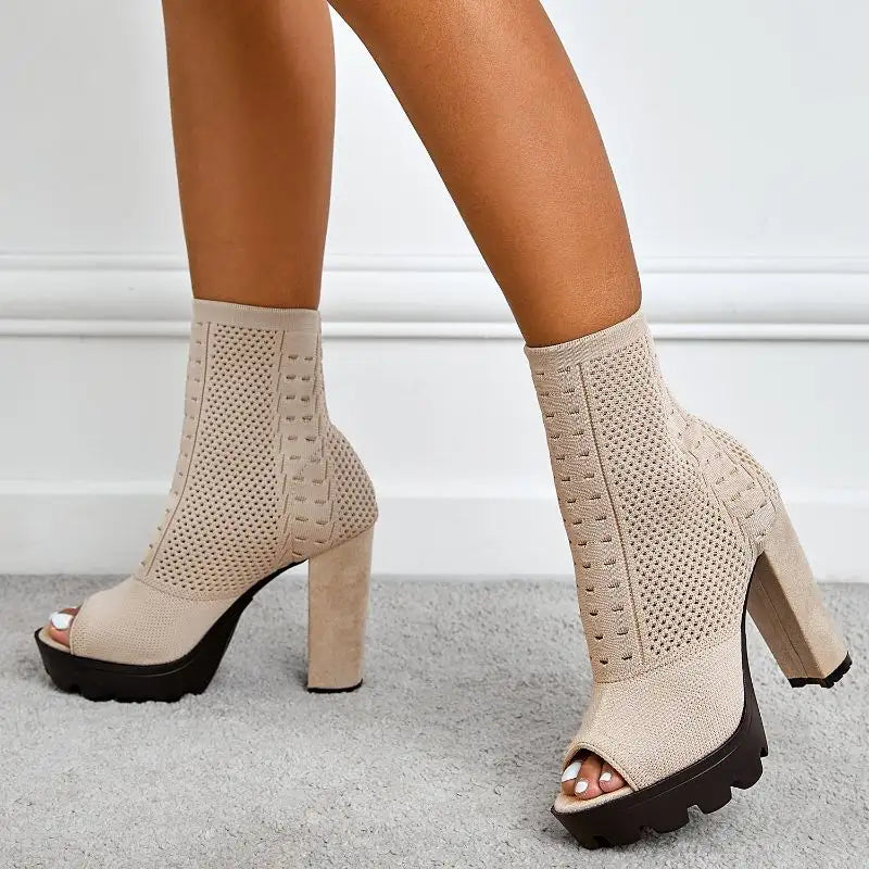 Boots bootie ankle boots knit woven platform block heel peep toe online shoes