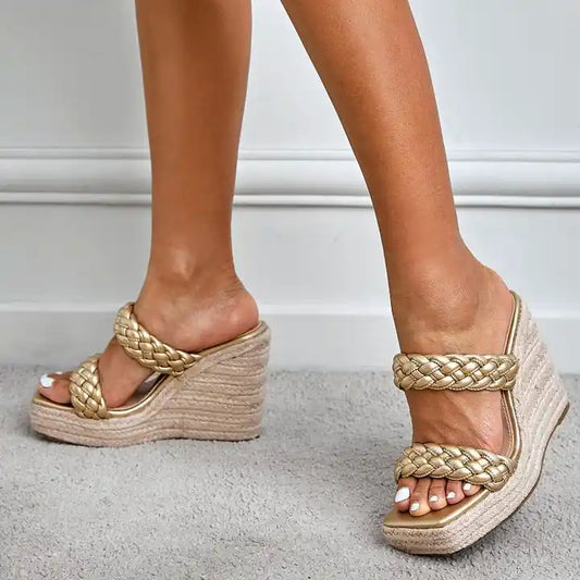 Gold shoes slip on mule sandal summer ladies footwear braid detail wedge platform