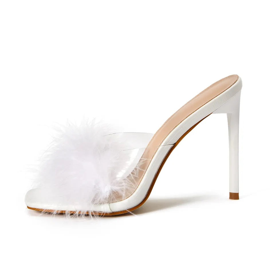 Feather white shoe shoes valentines day sexy date night shoe heel mule slip on mob wife