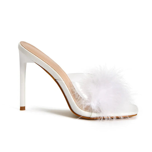Feather white shoe shoes valentines day sexy date night shoe heel mule slip on mob wife
