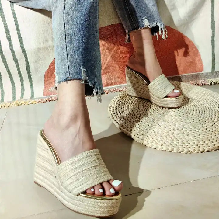 wedge slide mule platform comfortable summer shoes ladies footwear daywear gold detail