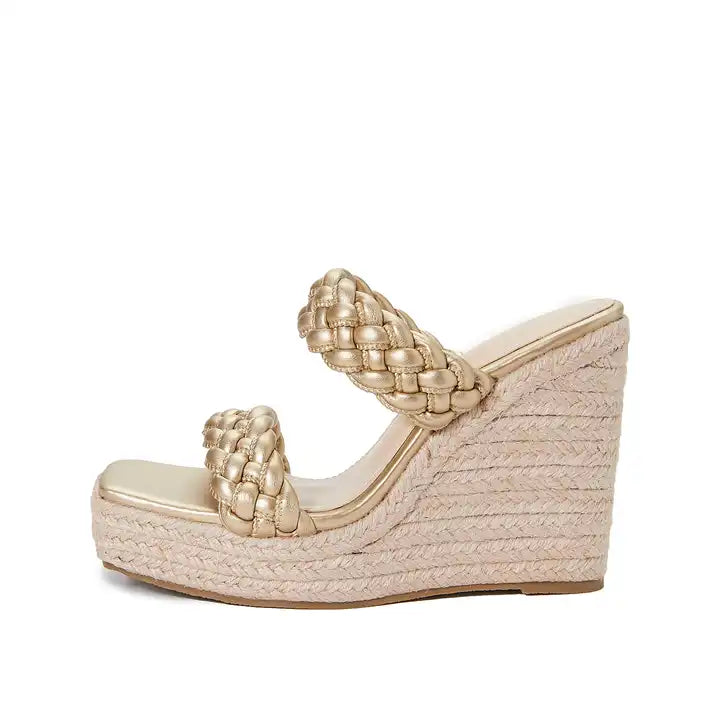 Gold shoes slip on mule sandal summer ladies footwear braid detail wedge platform