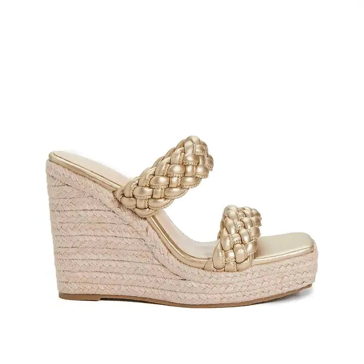 Gold shoes slip on mule sandal summer ladies footwear braid detail wedge platform