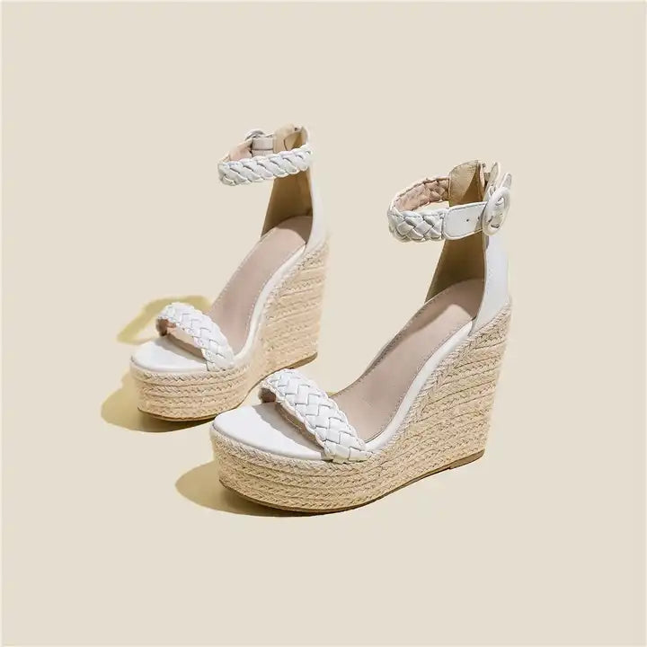 White Strappy shoes sandal summer ladies footwear cross over wedge platform