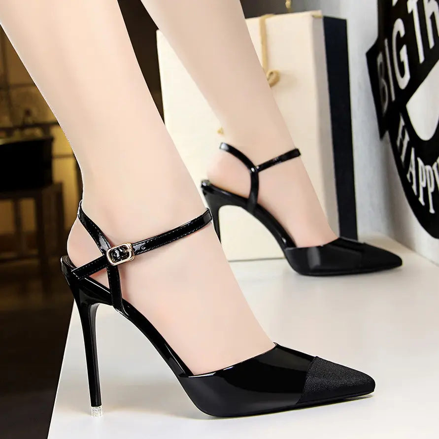 black pointed toe shoe point pum strappy ankle strap classy shoe ladies footwear dinner event 