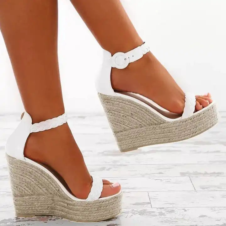 White Strappy shoes sandal summer ladies footwear cross over wedge platform