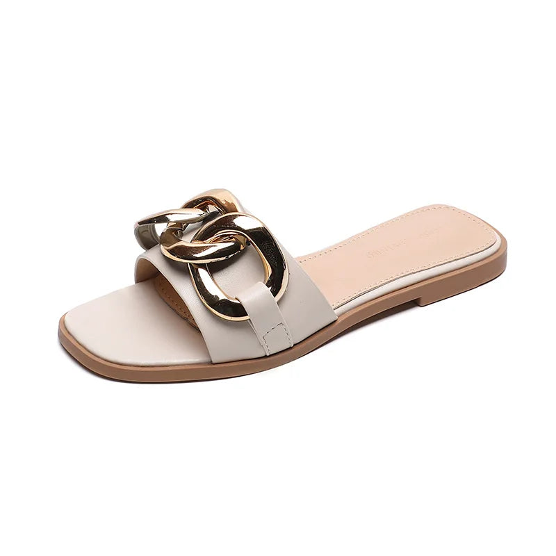 Slip on sandals shoes slides thongs ladies footwear gold detail chain white cushion comfort summer