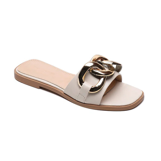 Slip on sandals shoes slides thongs ladies footwear gold detail chain white cushion comfort summer