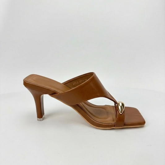 Brown square toe thong mule heel with gold detail side view right