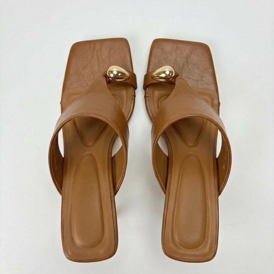 Brown square toe thong mule heel birds-eye view