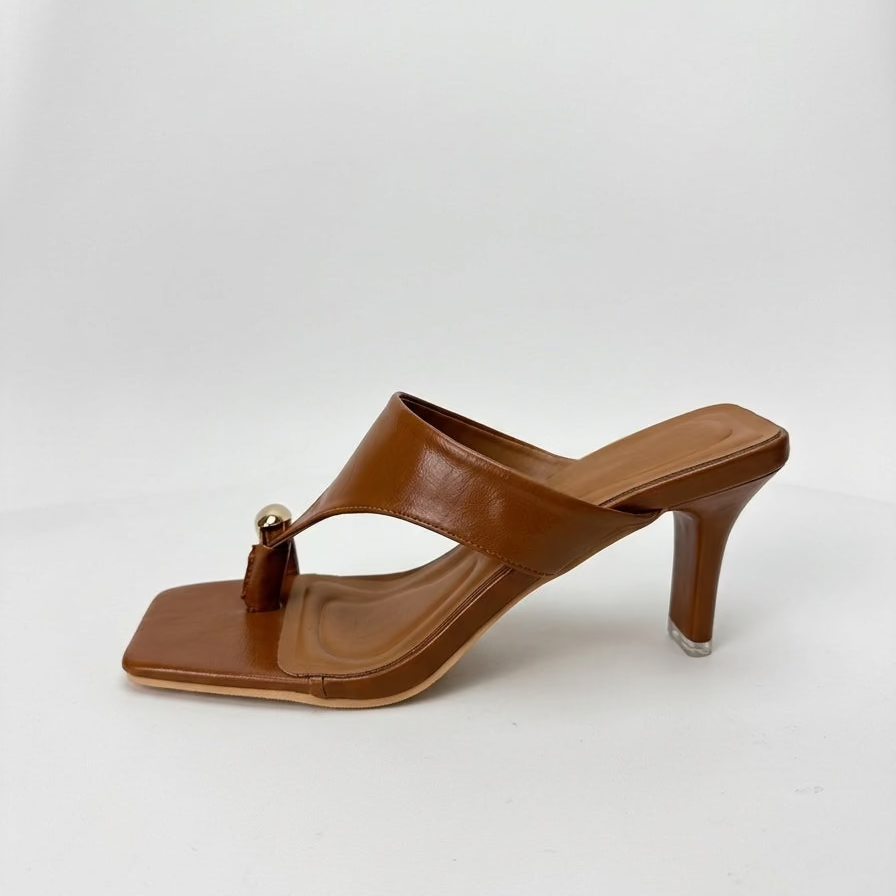 Brown square toe thong mule heel with gold detail side view left