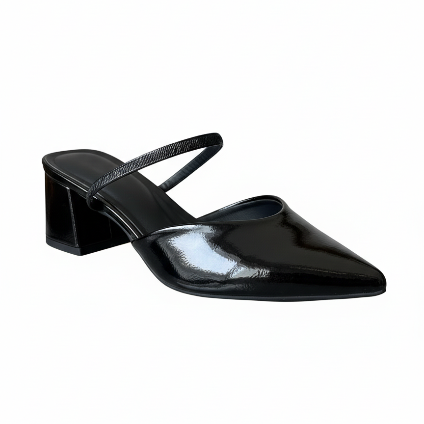 Black block heel pointed toe shoe on a white background