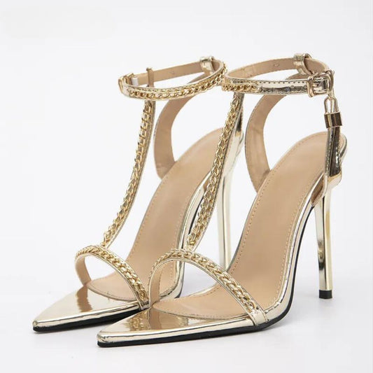 Gold shiny chrome metallic shoe ladies shoes heels sandals high heels gold chain lock pointed open toe