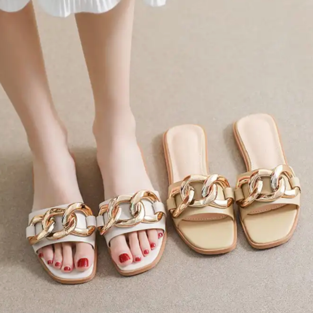 Slip on sandals shoes slides thongs ladies footwear gold detail chain cream cushion comfort summer