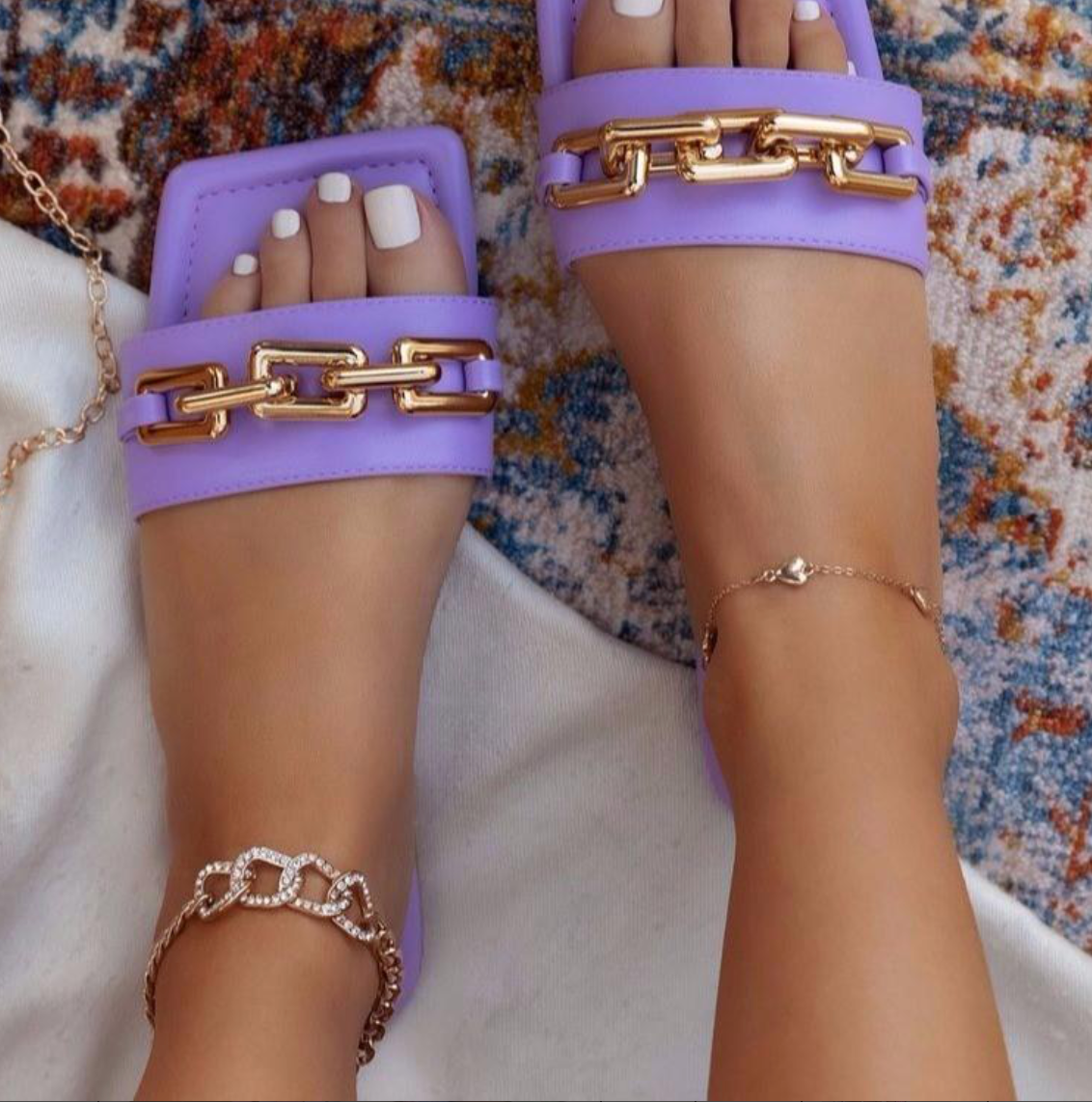 Sandal slide summer shoes ladies footwear gold chain detail purple lavender thongs slip on forever new