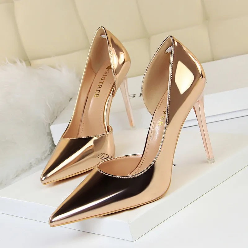 Gold chrome shiny shoes point pump heel pointy ladies footwear shoes metallic 